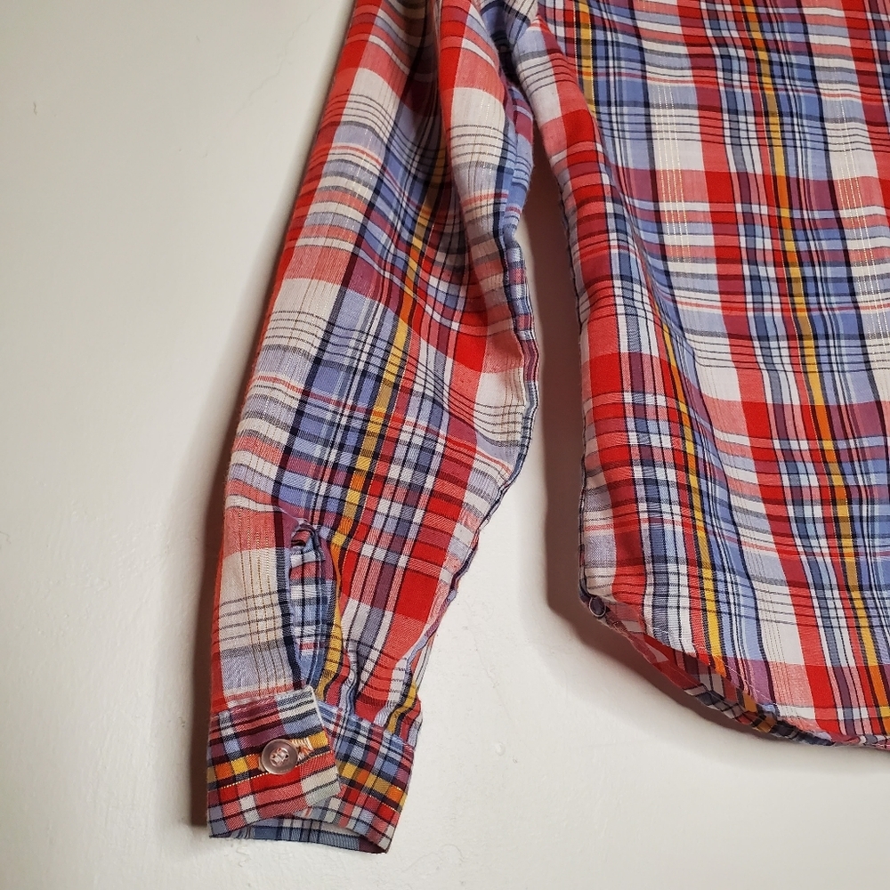 Bright and Basic Multi-color Vintage Plaid Shirt with Metallic Gold Threads - Picture 5 of 12